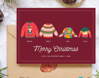EDITABLE Photo Christmas Card Template - Festive &quot;Ugly Sweater&quot;, Customizable Holiday Card, Front & Back, Funny, Instant Digital Download