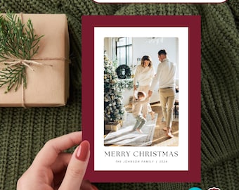 EDITABLE Photo Christmas Card Template - Elegant Garnet Red, Jewel Tone, Customizable Holiday Card, Minimalist, Instant Digital Download