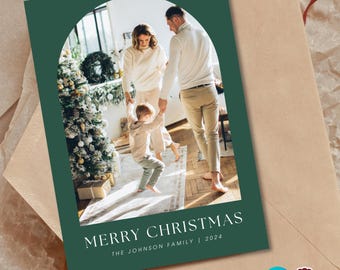 EDITABLE Photo Christmas Card Template - Forest Green Boho Arch, Elegant, Customizable Holiday Card, Minimalist, Instant Digital Download