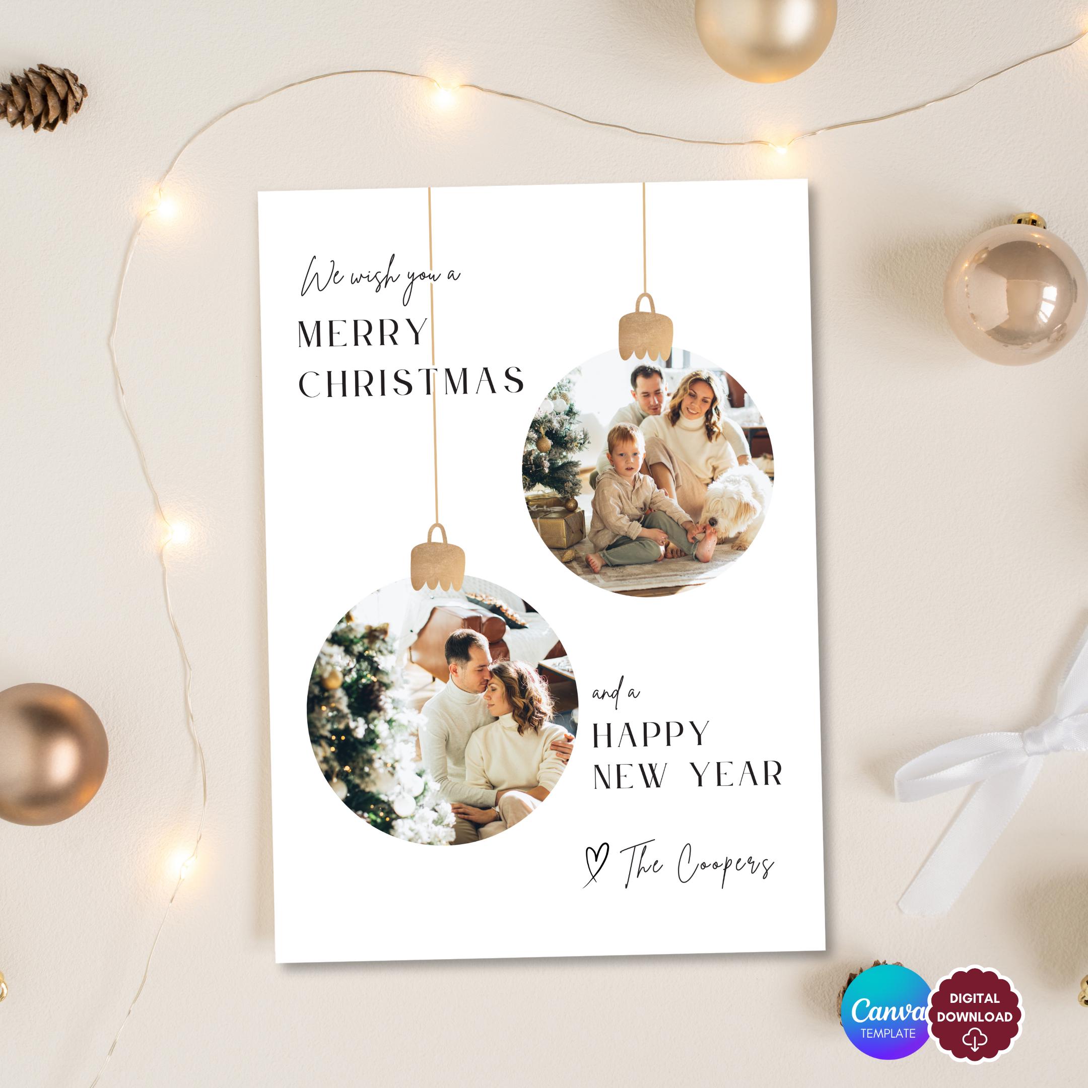 EDITABLE Photo Christmas card Template - Classy Gold Ornaments, Simple, Customizable Holiday Card, Minimalist, Instant Digital Download