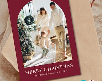 EDITABLE Photo Christmas Card Template - Berry Red Boho Arch, Elegant, Customizable Holiday Card, Minimalist, Instant Digital Download