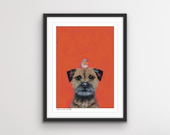 Border Terrier Dog Print with Robin Bird Artwork | Pet Memorial Wall Art
