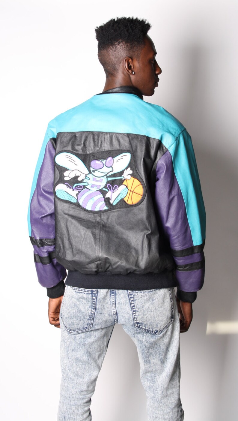 Vintage 90s Charlotte Hornets NBA Basketball Retro Leather Jacket