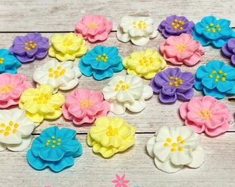 24 Royal Icing Dainty Bess Roses 1 inch White Yellow Ivory Pink Pastel Blue Lavender for those perfect Easter Cupcakes Double Rose