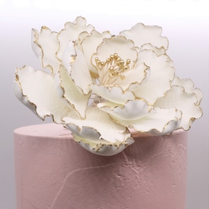 Peut inclure: Une fleur en pâte à sucre blanche avec des accents dorés est posée sur un gâteau glacé rose. La fleur a une texture délicate et plissée et est un bel ajout au gâteau.