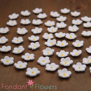 50 piccoli fiori commestibili da 1/2" (0,5 pollici) bianchi con centro a pois gialli - perfetti come decorazioni per cupcake o torte bianche