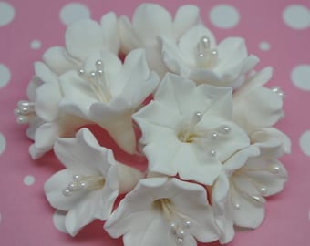 May include: A cluster of white, bell-shaped flowers with delicate pearl-like accents on a pink polka-dot background. The flowers have multiple petals and are arranged in a circular pattern, suggesting a floral arrangement or decorative element.