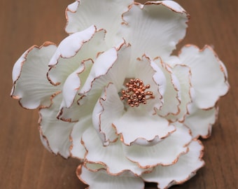 Gumpaste Peony Cake Topper - White Flower with Rose Gold