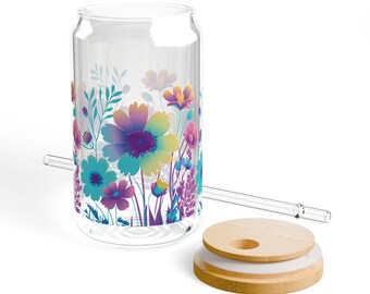 Rainbow Wildflowers Sipper Glass with Lid and Straw, 16oz