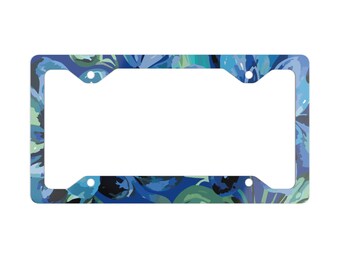 Blue Floral License Plate Frame Thin Metal