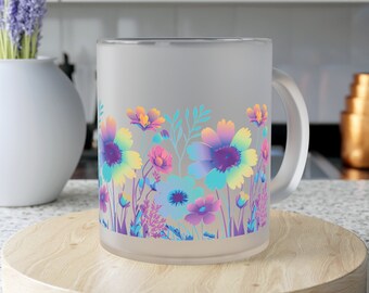 Rainbow Wildflowers Frosted Glass Mug
