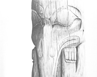 Raven Totem Pole Print Minimalistic Lithograph By Native Artist Val Malesku