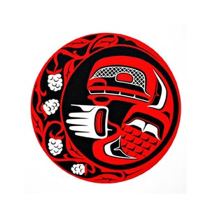 May include: A circular design with a black and red colour scheme. The design features a stylised image of a creature with a large mouth and a crescent moon shape. The creature is surrounded by a vine with white berries.