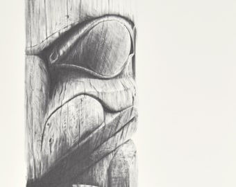 Bär Totempfahl Druck Minimalistische Lithographie des einheimischen Künstlers Val Malesku