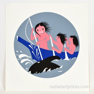Impresión vintage de caza de ballenas de 1986 de Stan Greene Coast Salish Artist, 19" x 19", edición de 100