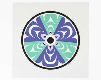 May include: A colorful circular design with a black center and a white flower-like shape. The design is surrounded by a black circle and has a green and blue color scheme.