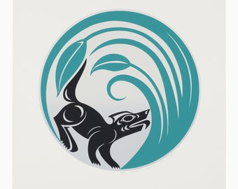 May include: A black and teal print featuring a stylized animal within a teal circle with leaf and wave designs. The animal is depicted in a dynamic pose, with its tail raised. The artwork is set against a white background.