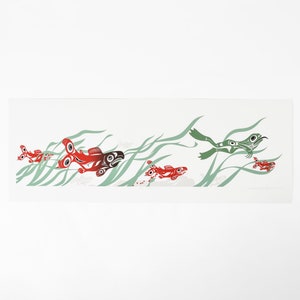 May include: A stylized illustration of a green frog leaping over a red salmon fish. The image is set against a background of green seaweed. The artwork is in a traditional style, with bold lines and flat colors.