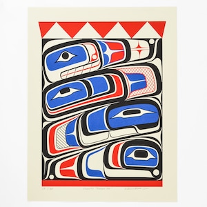 May include: A colorful print of a traditional Northwest Coast First Nations art form, featuring a stylized design of a raven with blue eyes and red, black, and white geometric patterns. The print is titled "Raven's Treasure Box" and is numbered 28/100.