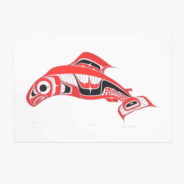 1991 saumon imprimé autochtone de la côte nord-ouest vintage par Richard Shorty