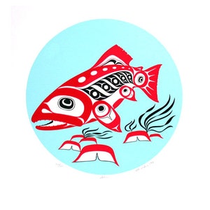 May include: A red and black stylized salmon with white accents swims in a blue circle. The salmon is surrounded by red and black seaweed.