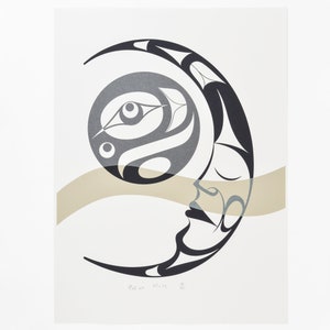 May include: A black and white stylised illustration of a crescent moon with a face and an eye inside. The moon is on a beige background.