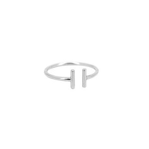 May include: A silver ring with two vertical bars on the band.
