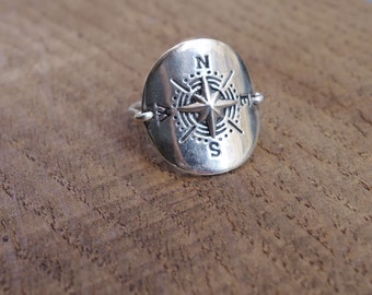 Compass rose medal ring in solid silver