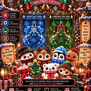 May include: The Claw Machine Expansion Pack Christmas Edition features two hook styles, a snowflake and a Christmas tree, alongside various holiday-themed plushies including a snowman, reindeer, penguin, gingerbread person, and elf.