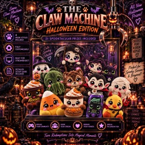 Puede incluir: Una pantalla digital para The Claw Machine Halloween Edition con 21 premios de peluche, incluyendo un fantasma, un pulpo verde, un hombre lobo, un vampiro, una momia, un caramelo de maíz y dos tazas de café. La interfaz oscura y festiva incluye texto.