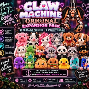 May include: Claw Machine Original Expansion Pack featuring 21 plush toys and 4 specialty hooks. The set includes various animal and food-themed plushies like a pig, cow, unicorn, cat, bear, dog, frog, fox, koala, panda, raccoon, octopus, dragon, taco, burger, duck, and two beverage cans.