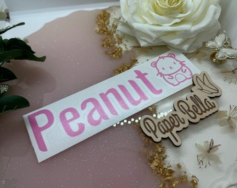 May include: A pink vinyl decal featuring the name Peanut in a bold sans-serif font with a small hamster illustration, accompanied by a wooden laser-cut sign that reads Paper Bella in a cursive script, positioned on a glittery resin surface.