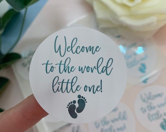 Välkommen till världen, lilla babyshower-folierade klistermärken. Klistermärken för festpåse.
