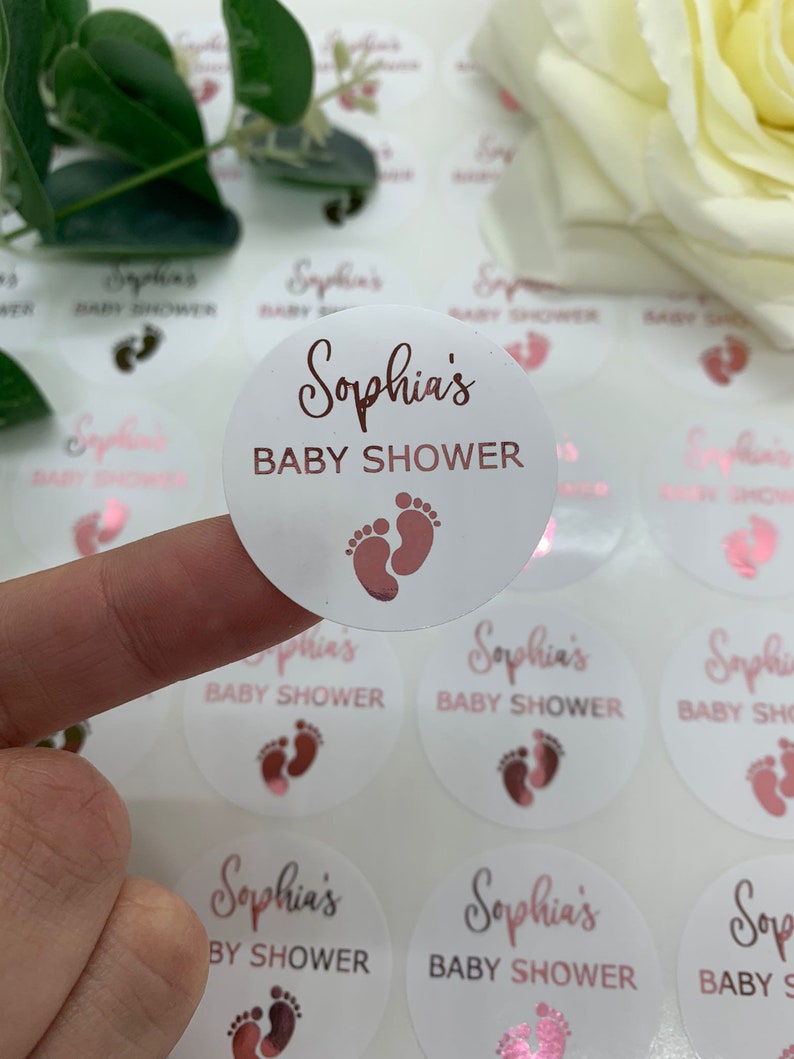 Personalised Baby Shower Foiled Stickers. Party Bag Stickers.  Thank You. 