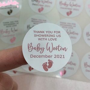 Personalised Thank You Baby Shower Foiled Stickers. Party Bag Stickers.  Thank You. Showering With Love.