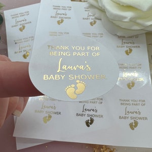 Gepersonaliseerde dank u voor uw deelname aan de verijdelde stickers voor babyshowers. Feesttasstickers. Bedankt.