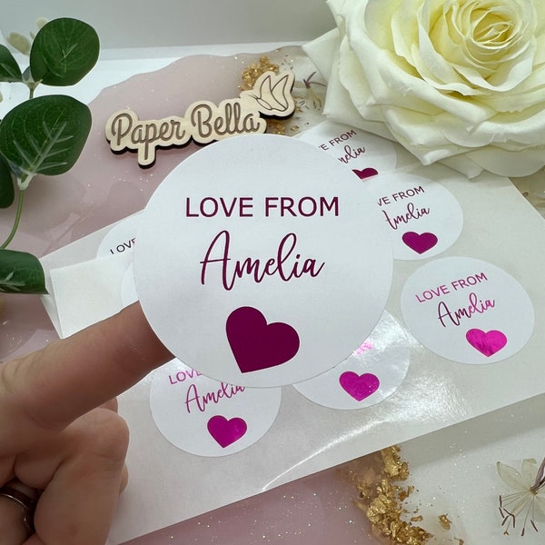 Personalised Love From Name Present Stickers. Birthday Gloss Foiled Stickers. Party Bag Stickers.