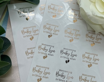 Personalised Welcoming Baby Shower Foiled Stickers. Party Bag Stickers.  In’Shaa Allah.