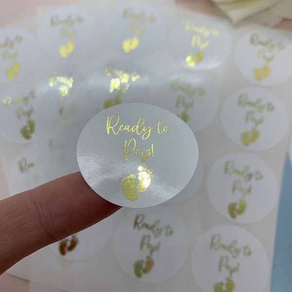 Ready To Pop Baby Shower Foiled Stickers. Partytüten Aufkleber.