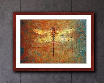 Dragonfly Print Wall Hanging, Golden Dragonfly on Distressed Background Framed in a Rectangle Cherry Color Wood Frame