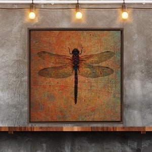 Dragonfly on Distressed Brown Background Floating Frame Square Stretched Canvas