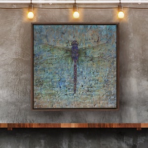 Dragonfly on Distressed Multicolor Brick Wall Floating Frame Square Canvas