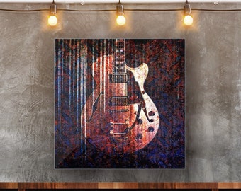 Music and Guitar Wall Art - Electric Guitar Grunge Red and Blue Filters Printed on Eco Friendly Recycled Aluminum