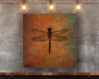 Gift for Dragonfly Lover, Dragonfly on Distressed Brown Background Printed on Eco-Friendly Recycled Aluminum