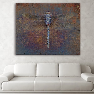 Dragonfly on a Distressed Multicolor Background Print on Canvas, Dragonfly Themed Wall Decor