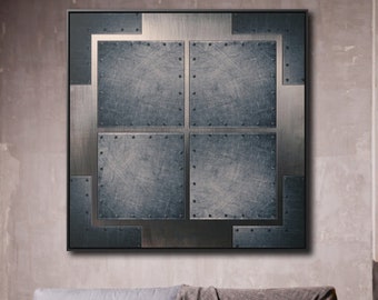 Industrial Themed Wall Decor - Distressed Riveted Steel Sheets Print on Canvas in a Floating Frame
