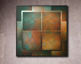 Steampunk Themed Wall Decor - Patinated, Riveted Copper Sheets Print on Canvas in a Floating Frame