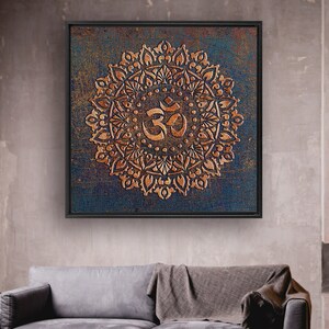 Om Symbol Mandala Style on Multicolor Background Printed on Canvas in a Floating Frame