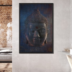 Spiritual and Meditation Wall Artwork Modern Art Blue Buddha Head Print on Canvas in a Floating Frame