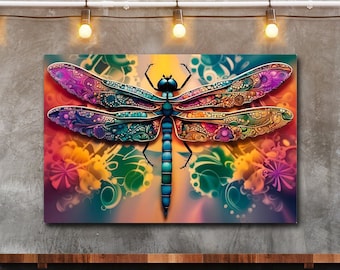 Gift for Dragonfly Lover, Psychedelic Dragonfly on Multicolor Background Printed on Eco-Friendly Recycled Aluminum